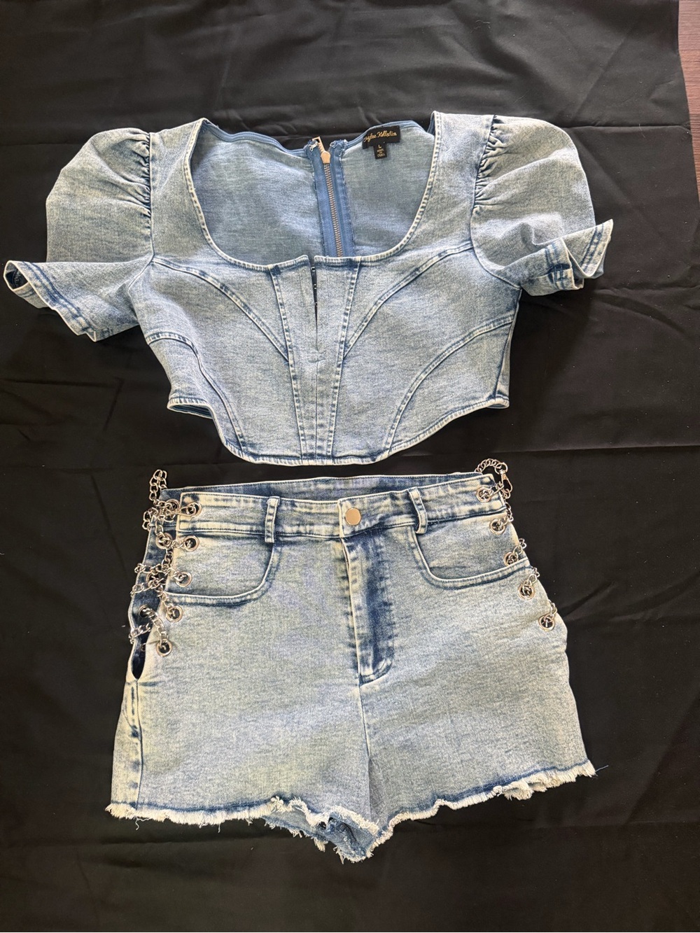 ANGL Light Blue Denim Puff-Sleeve Cropped Bustier Top